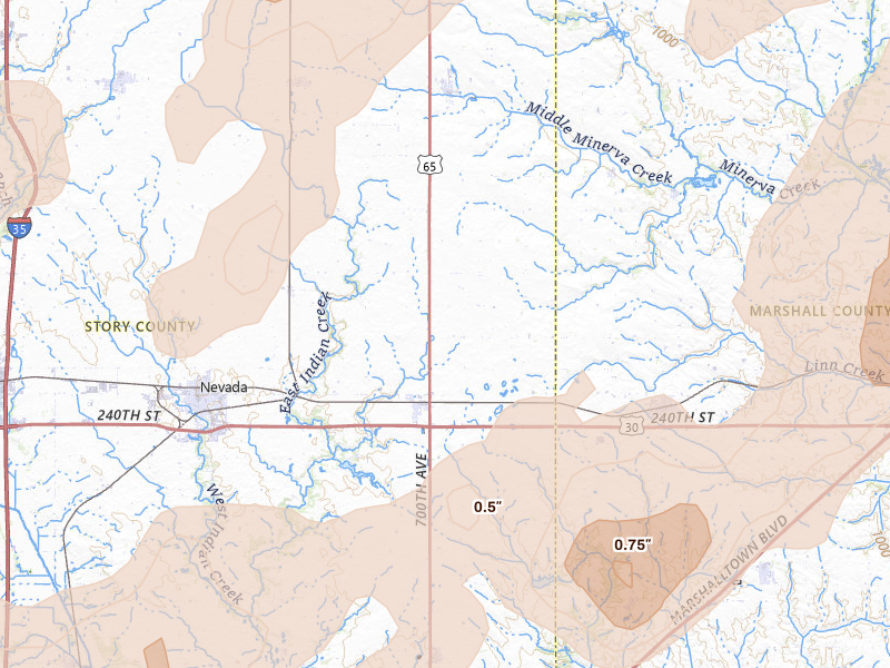 Radar-estimated hail-size map of the storm over Colo, IA on Jul 2, 2026