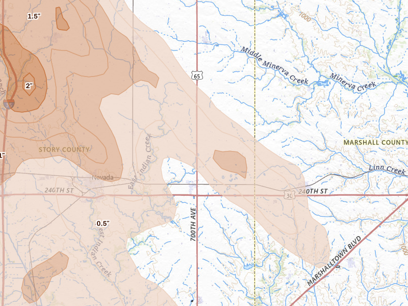 Radar-estimated hail-size map of the storm over Colo, IA on Jul 20, 2026