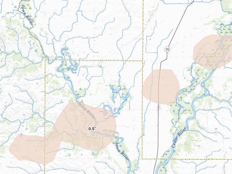 Radar-estimated hail-size map of the storm over Conesville, IA on Jun 11, 2026