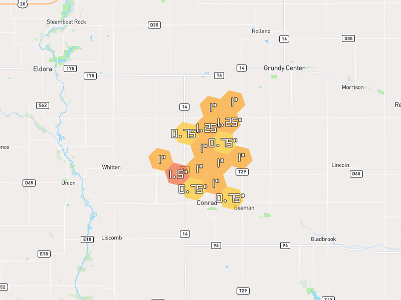 Hail map of Conrad, IA on Jul 2, 2026, hail up to 1.75"