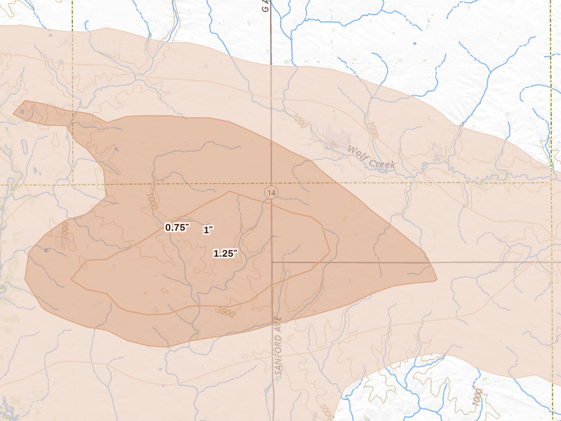 Radar-estimated hail-size map of the storm over Conrad, IA on Aug 11, 2026