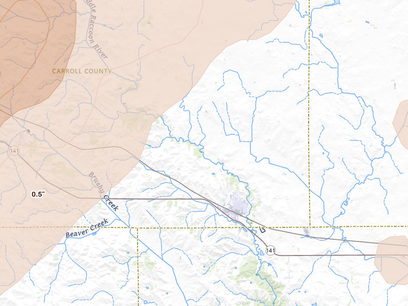 Radar-estimated hail-size map of the storm over Coon Rapids, IA on Apr 23, 2026