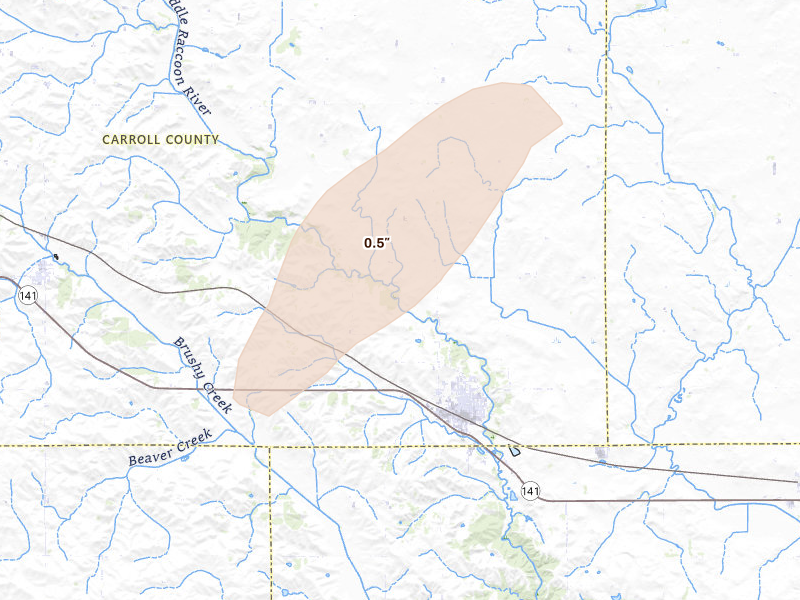 Radar-estimated hail-size map of the storm over Coon Rapids, IA on Jun 10, 2026