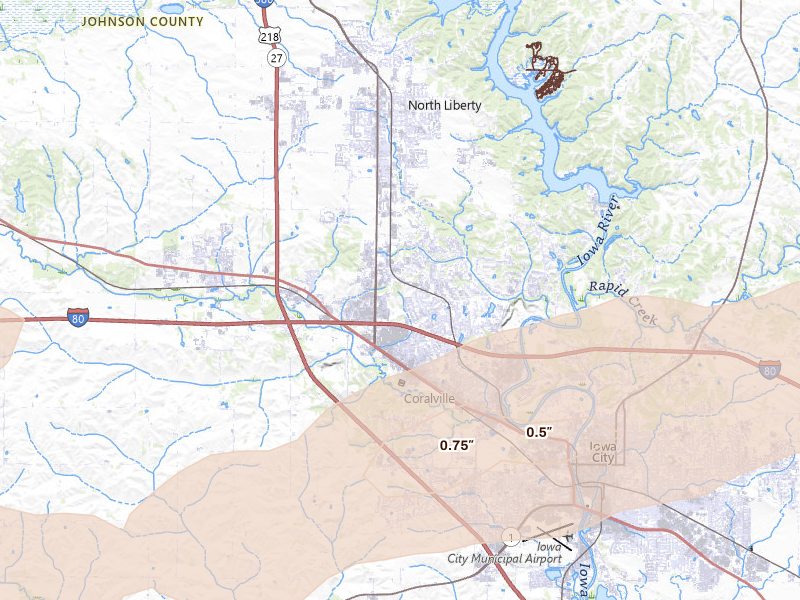 Radar-estimated hail-size map of the storm over Coralville, IA on Mar 30, 2026