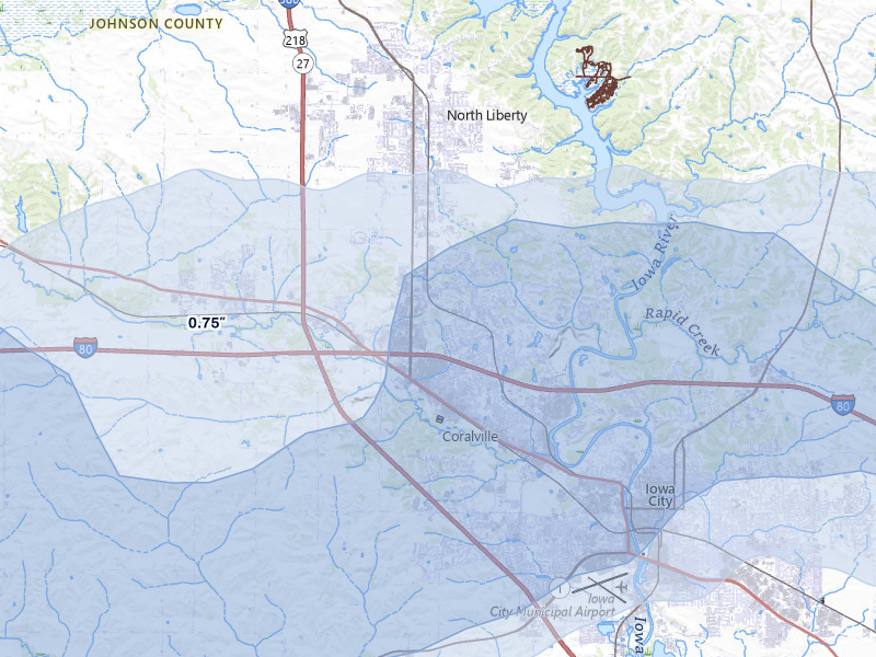 NEXRAD radar-signature map of the hail storm over Coralville, IA on Mar 30, 2026