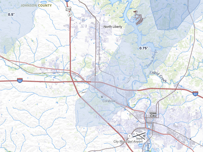 NEXRAD radar-signature map of the hail over Coralville, IA