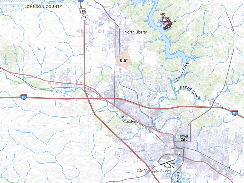 Radar-estimated hail-size map of the storm over Coralville, IA on Jul 20, 2026
