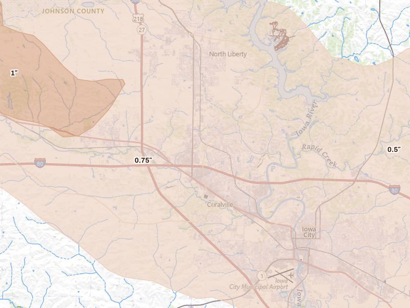 Radar-estimated hail-size map of the storm over Coralville, IA on Aug 11, 2026