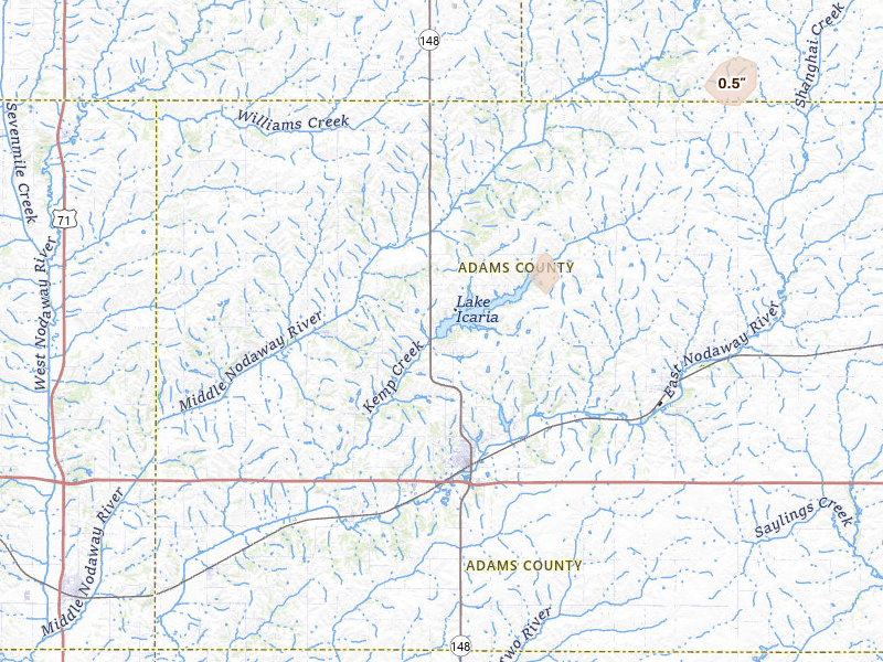 Radar-estimated hail-size map of the storm over Corning, IA on Mar 5, 2026