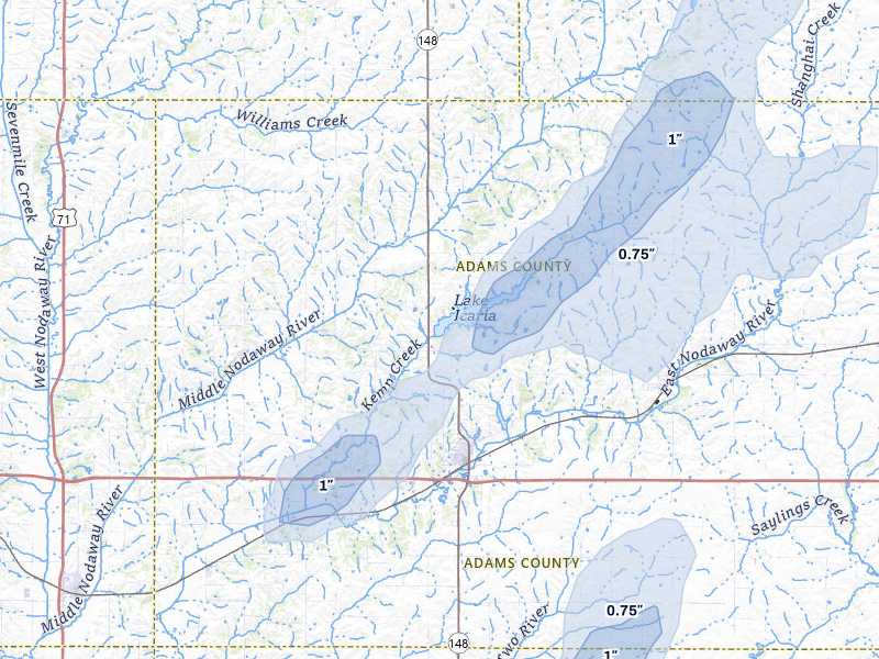NEXRAD radar-signature map of the hail storm over Corning, IA on Mar 5, 2026