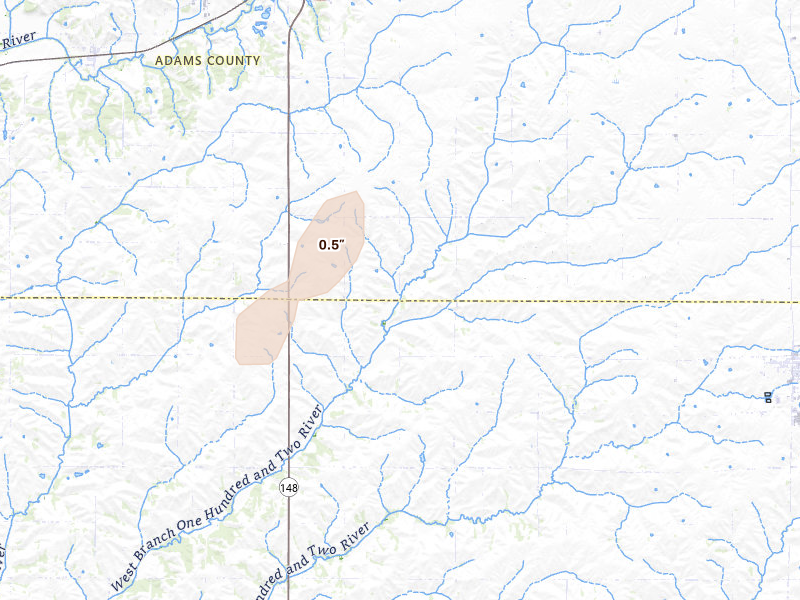 Radar-estimated hail-size map of the storm over Corning, IA on Apr 26, 2026