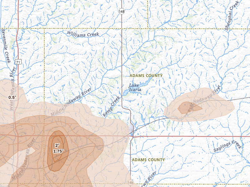 Radar-estimated hail-size map of the storm over Corning, IA on May 16, 2026