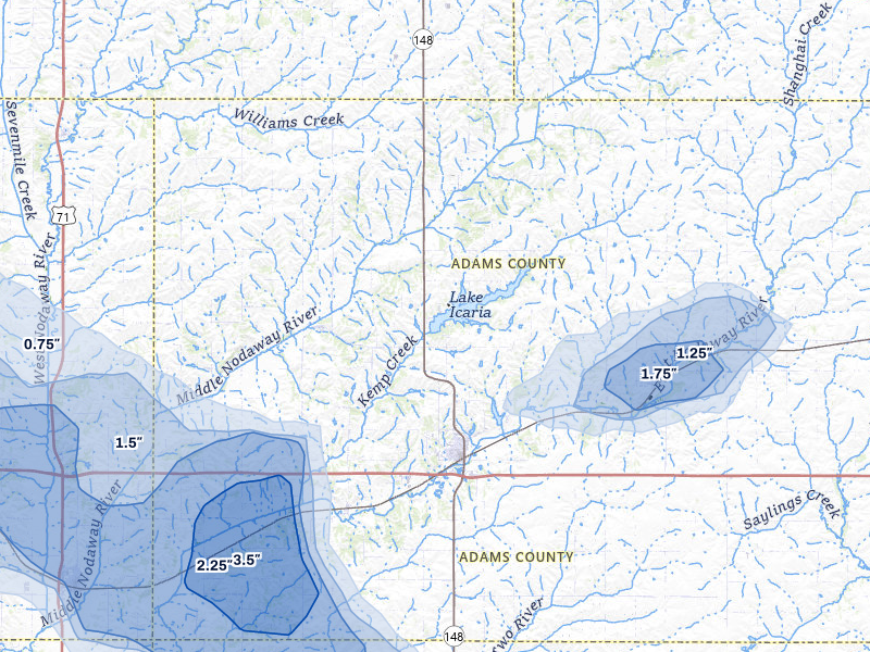 NEXRAD radar-signature map of the hail storm over Corning, IA on May 16, 2026