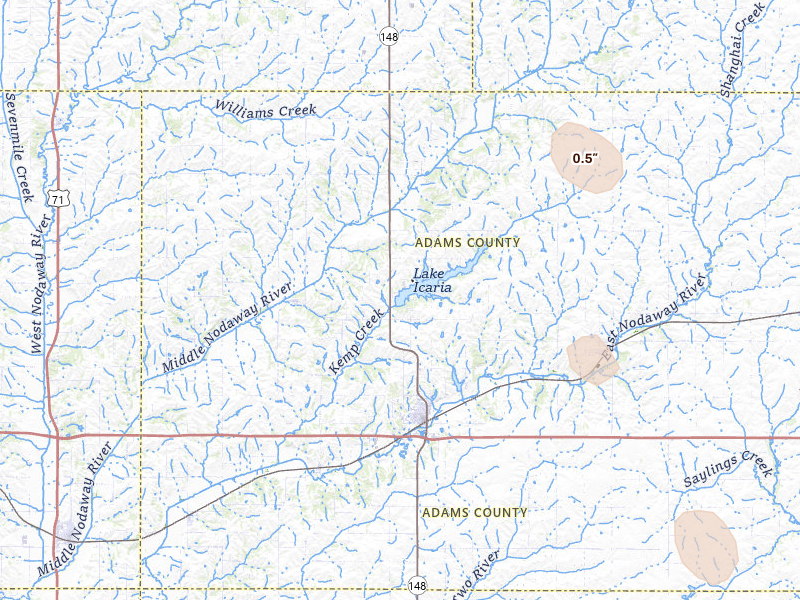 Radar-estimated hail-size map of the storm over Corning, IA on Jun 1, 2026