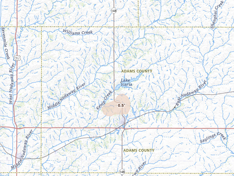 Radar-estimated hail-size map of the storm over Corning, IA on Jun 4, 2026