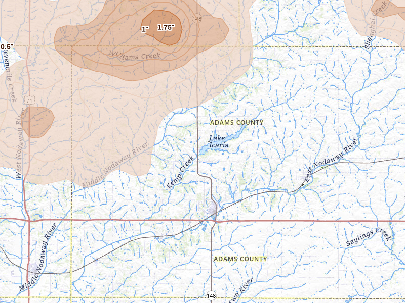 Radar-estimated hail-size map of the storm over Corning, IA on Jun 5, 2026