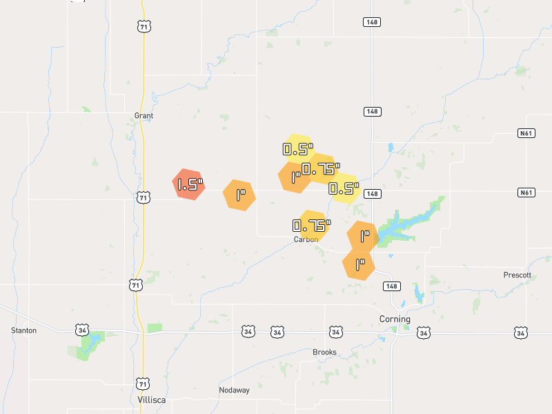 Hail map of Corning, IA on Jun 6, 2026, hail up to 1.5"