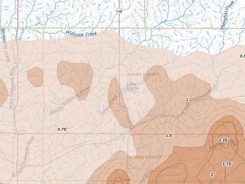 Radar-estimated hail-size map of the storm over Corning, IA on Jun 10, 2026