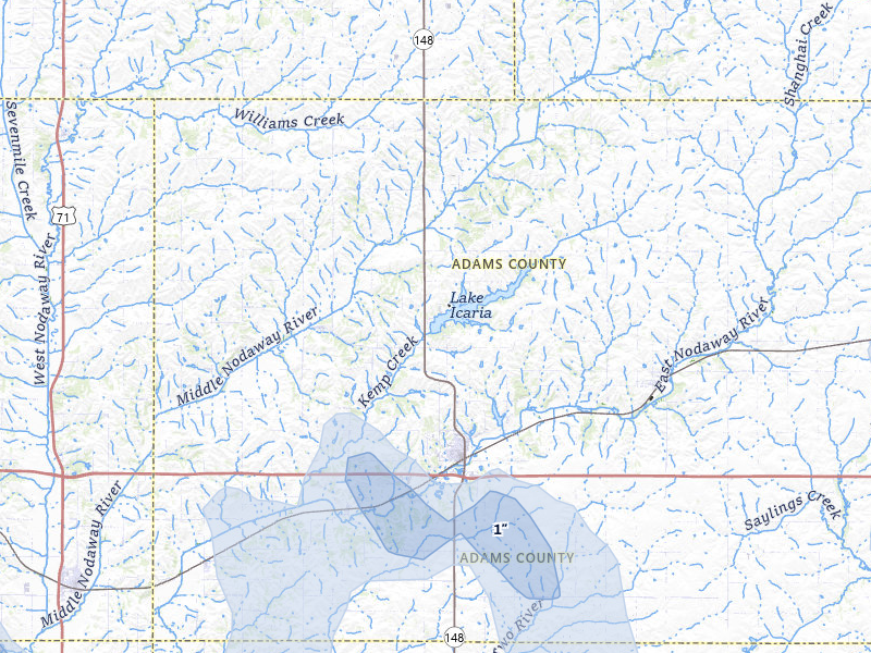 NEXRAD radar-signature map of the hail storm over Corning, IA on Jul 20, 2026