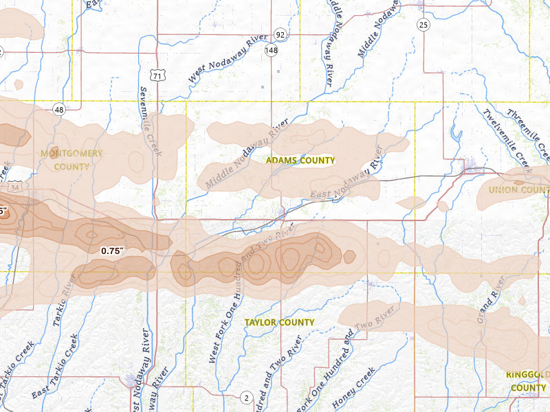 Radar-estimated hail-size map of the storm over Corning, IA on Aug 4, 2026