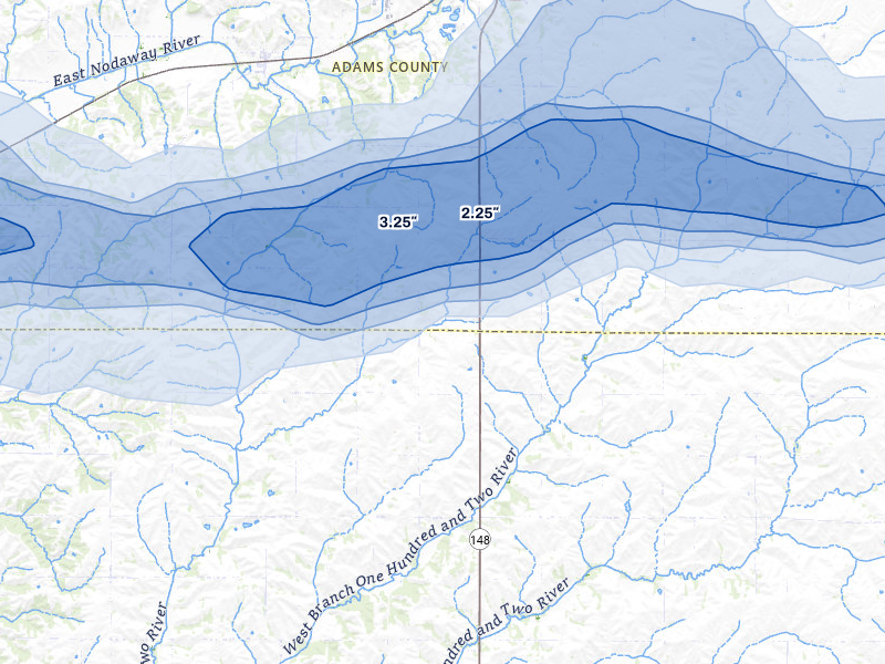 NEXRAD radar-signature map of the hail storm over Corning, IA on Aug 4, 2026