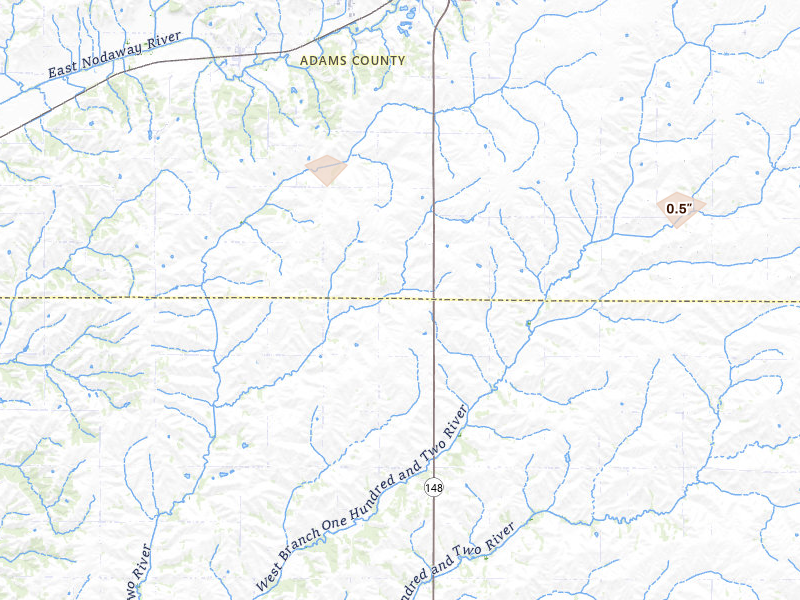 Radar-estimated hail-size map of the storm over Corning, IA on Aug 9, 2026