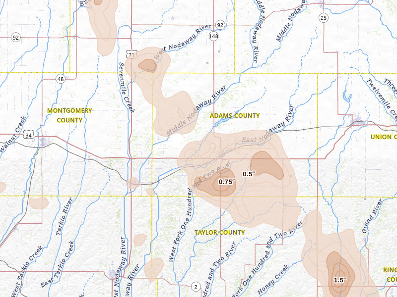 Radar-estimated hail-size map of the storm over Corning, IA