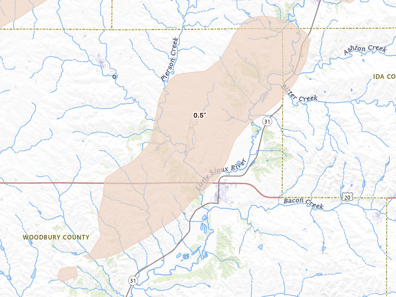 Radar-estimated hail-size map of the storm over Correctionville, IA on Apr 23, 2026