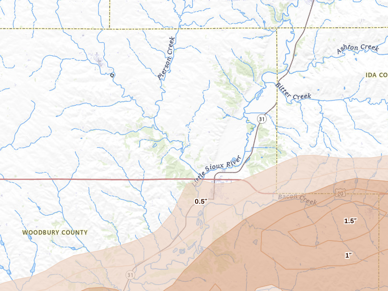 Radar-estimated hail-size map of the storm over Correctionville, IA on May 15, 2026