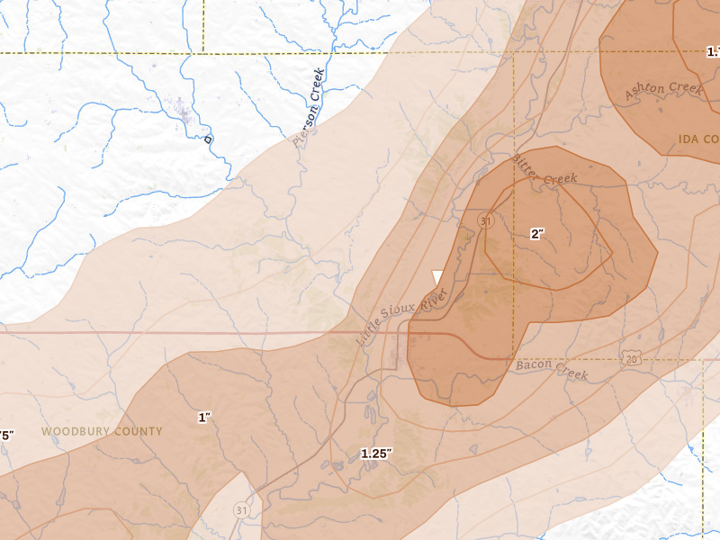 Radar-estimated hail-size map of the storm over Correctionville, IA on May 18, 2026
