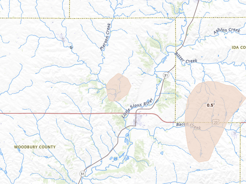 Radar-estimated hail-size map of the storm over Correctionville, IA on Jun 16, 2026