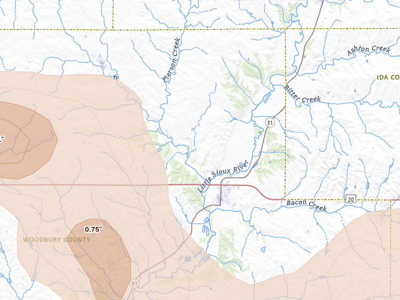 Radar-estimated hail-size map of the storm over Correctionville, IA on Jul 8, 2026