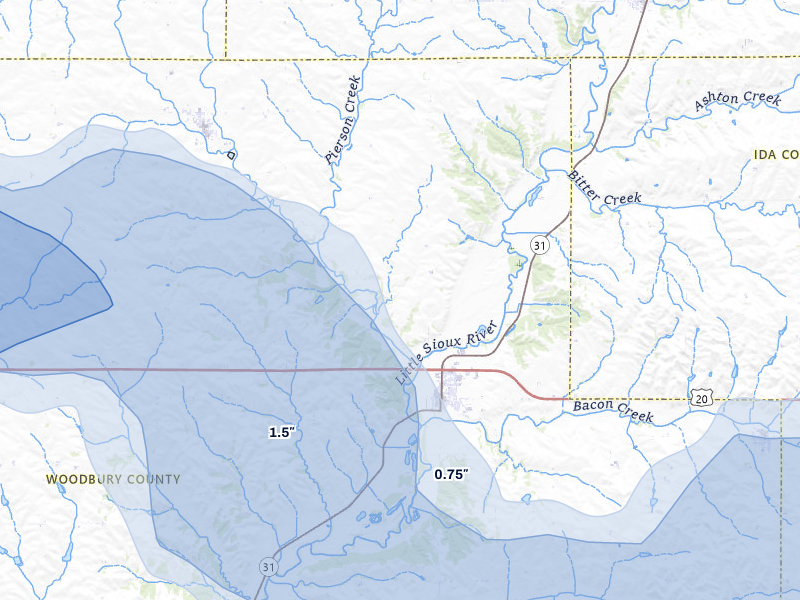 NEXRAD radar-signature map of the hail storm over Correctionville, IA on Jul 8, 2026