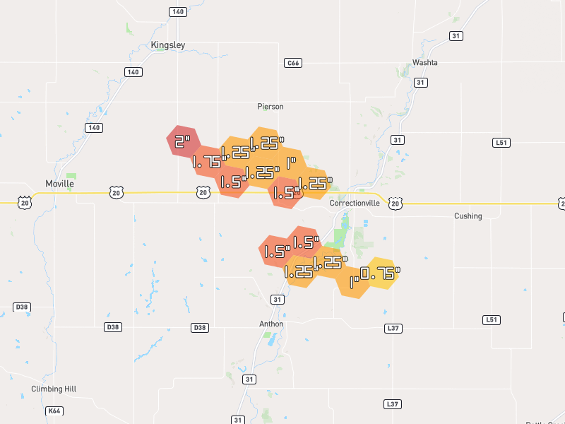 Hail map of Correctionville, IA on Jul 8, 2026, hail up to 2"
