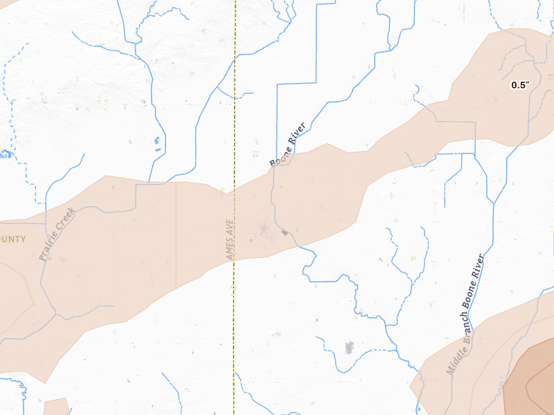 Radar-estimated hail-size map of the storm over Corwith, IA on May 15, 2026
