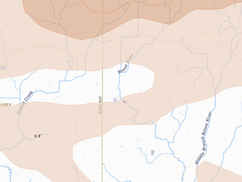 Radar-estimated hail-size map of the storm over Corwith, IA on Jun 28, 2026
