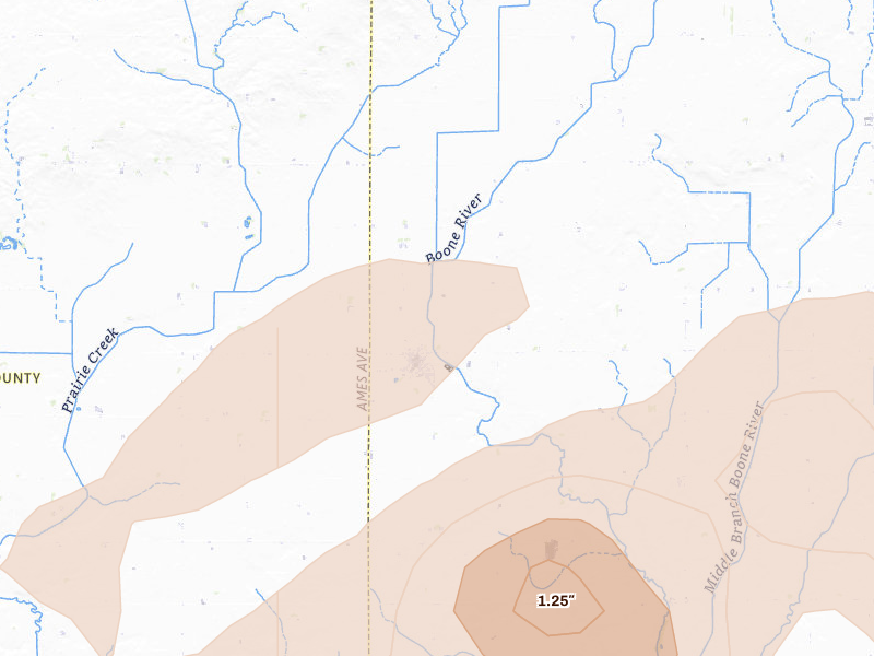 Radar-estimated hail-size map of the storm over Corwith, IA on Jul 2, 2026