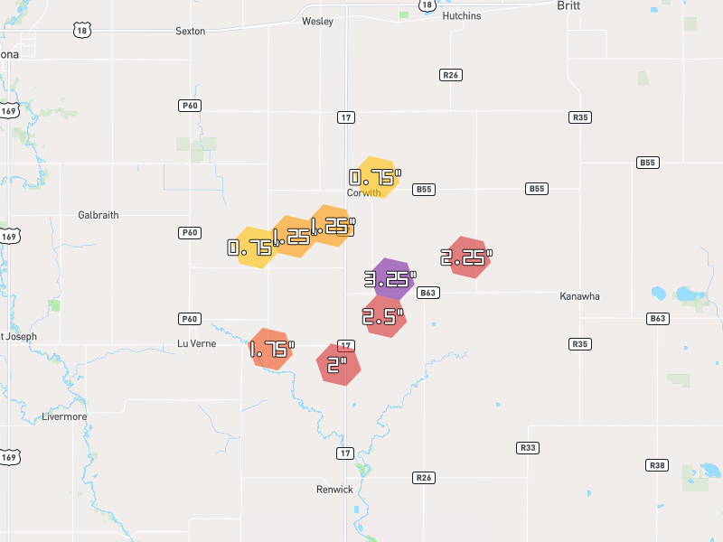 Hail map of Corwith, IA on Jul 2, 2026, hail up to 3.25"