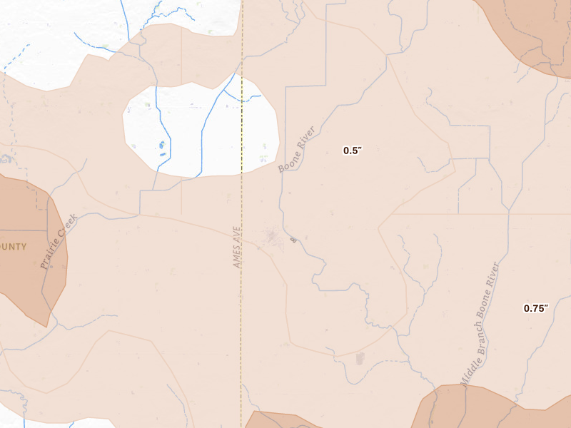 Radar-estimated hail-size map of the storm over Corwith, IA on Jul 20, 2026