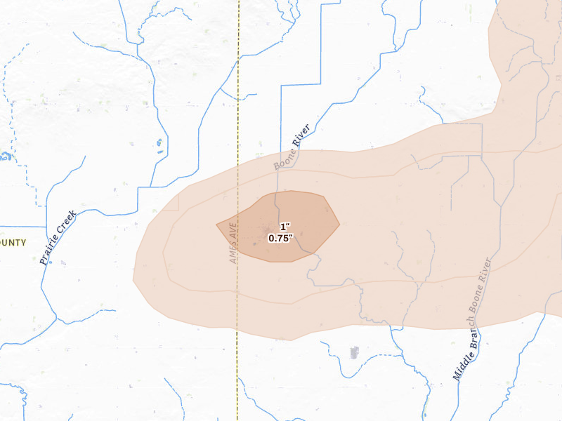 Radar-estimated hail-size map of the storm over Corwith, IA on Aug 7, 2026