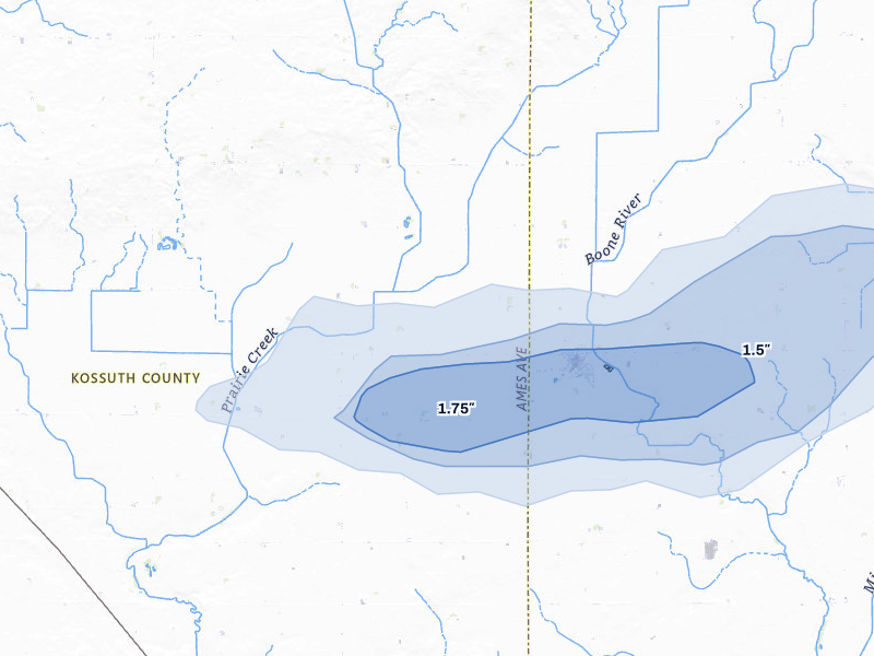 NEXRAD radar-signature map of the hail storm over Corwith, IA on Aug 7, 2026