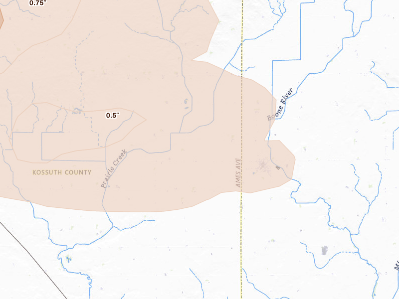 Radar-estimated hail-size map of the storm over Corwith, IA on Aug 8, 2026