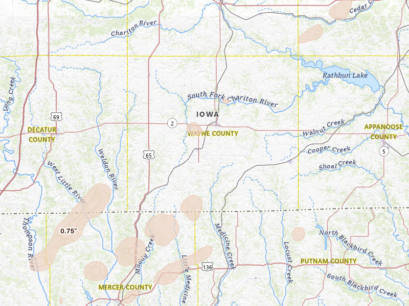 Radar-estimated hail-size map of the storm over Corydon, IA on Apr 2, 2026