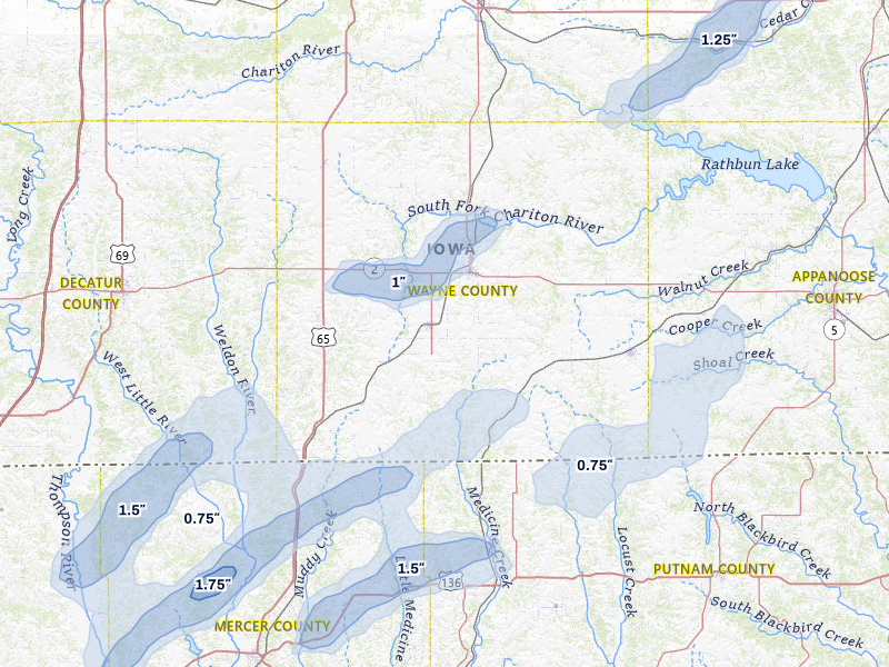 NEXRAD radar-signature map of the hail storm over Corydon, IA on Apr 2, 2026