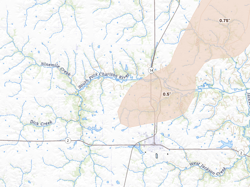 Radar-estimated hail-size map of the storm over Corydon, IA on Apr 15, 2026