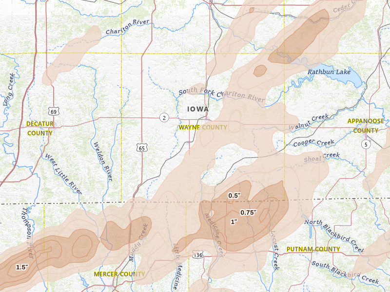 Radar-estimated hail-size map of the storm over Corydon, IA on Apr 17, 2026