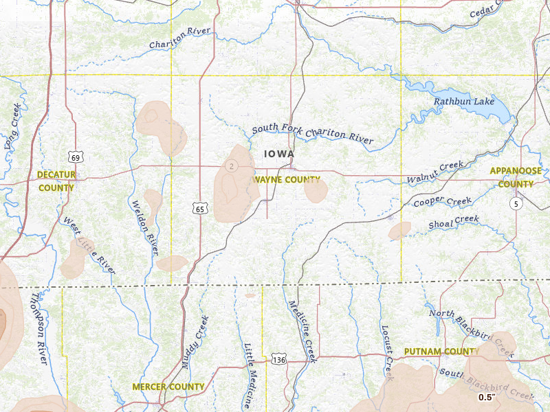Radar-estimated hail-size map of the storm over Corydon, IA on May 16, 2026