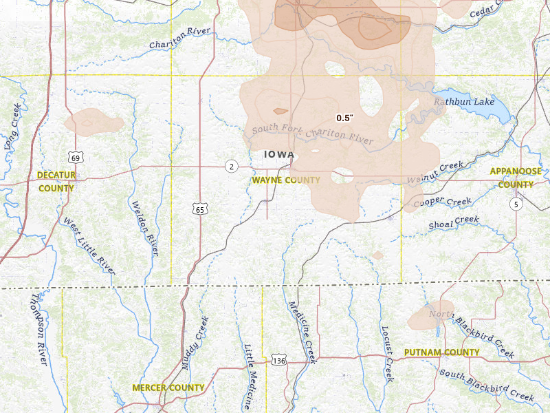 Radar-estimated hail-size map of the storm over Corydon, IA on Jun 5, 2026