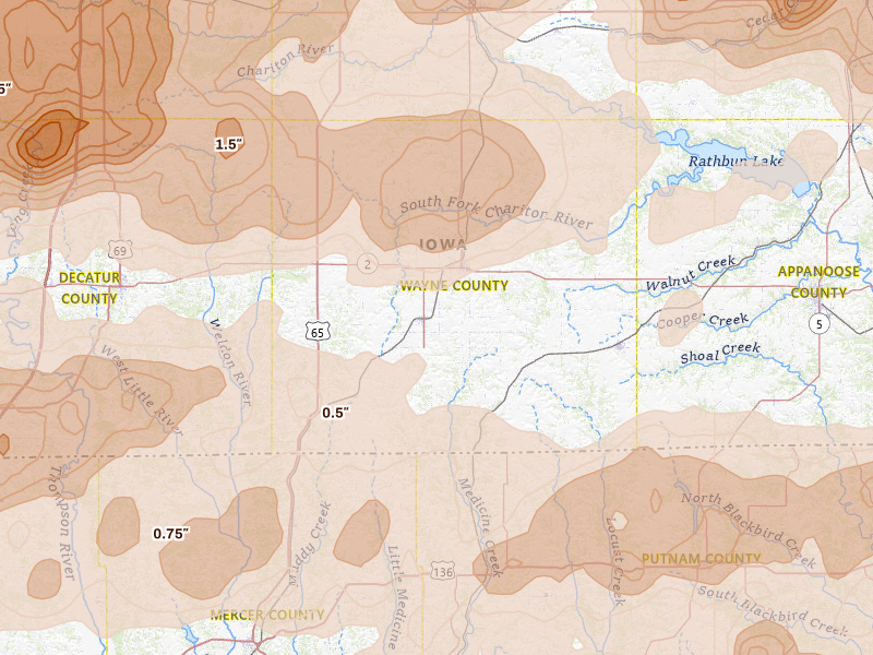 Radar-estimated hail-size map of the storm over Corydon, IA on Jun 11, 2026