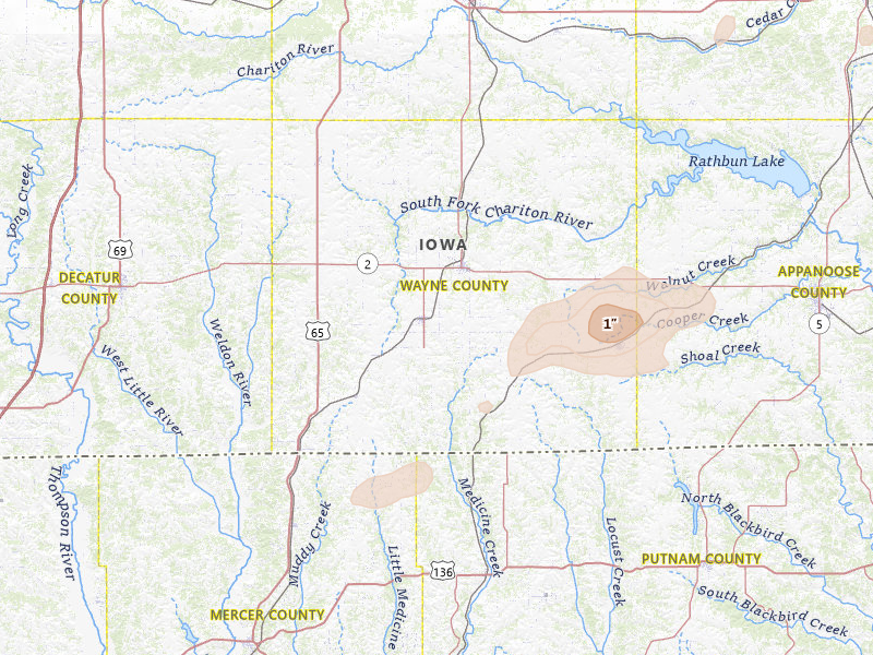 Radar-estimated hail-size map of the storm over Corydon, IA on Jul 3, 2026